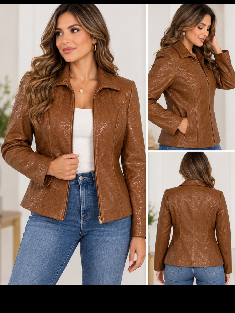 Kim Rogers Women's Brown Faux Leather Zip-Front Jacket